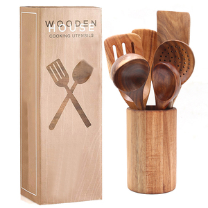 6 Pieces Organic Natural, Teak Wooden Utensilios Skimmer Spoon Cooking Cute Kitchen Spatula Spoon Utensils Set for Holder