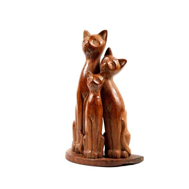 Handmade Siamese Family Cat Wooden Statue Set