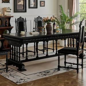 Black Solid Wood Rectangular Hand Carved Trestle Table