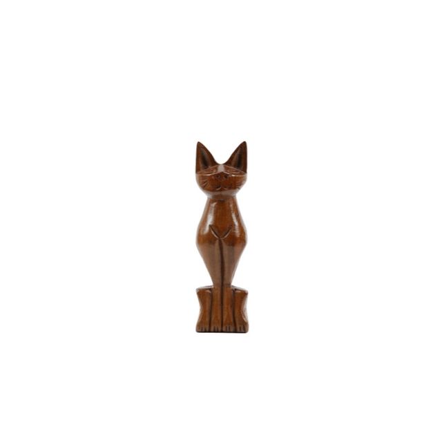 Artisanal Hand-Carved Teak Wooden Cat Figurine